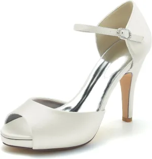 Simple Women's Heels Satin Wedding Bridal Shoes Peep Toe Fish Mouth Dress Ankle Strap Pumps Sandal