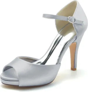 Simple Women's Heels Satin Wedding Bridal Shoes Peep Toe Fish Mouth Dress Ankle Strap Pumps Sandal