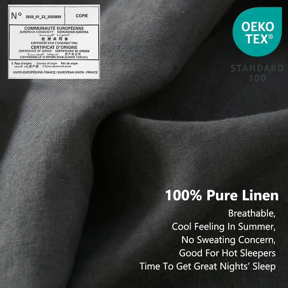 Simple&Opulence 100% Linen Sheet Set with Embroidery Washed - 4 Pieces (1 Flat Sheet & 1 Fitted Sheet & 2 Pillowcases) Natural Flax Soft Bedding Breathable Farmhouse - Dark Grey, King Size
