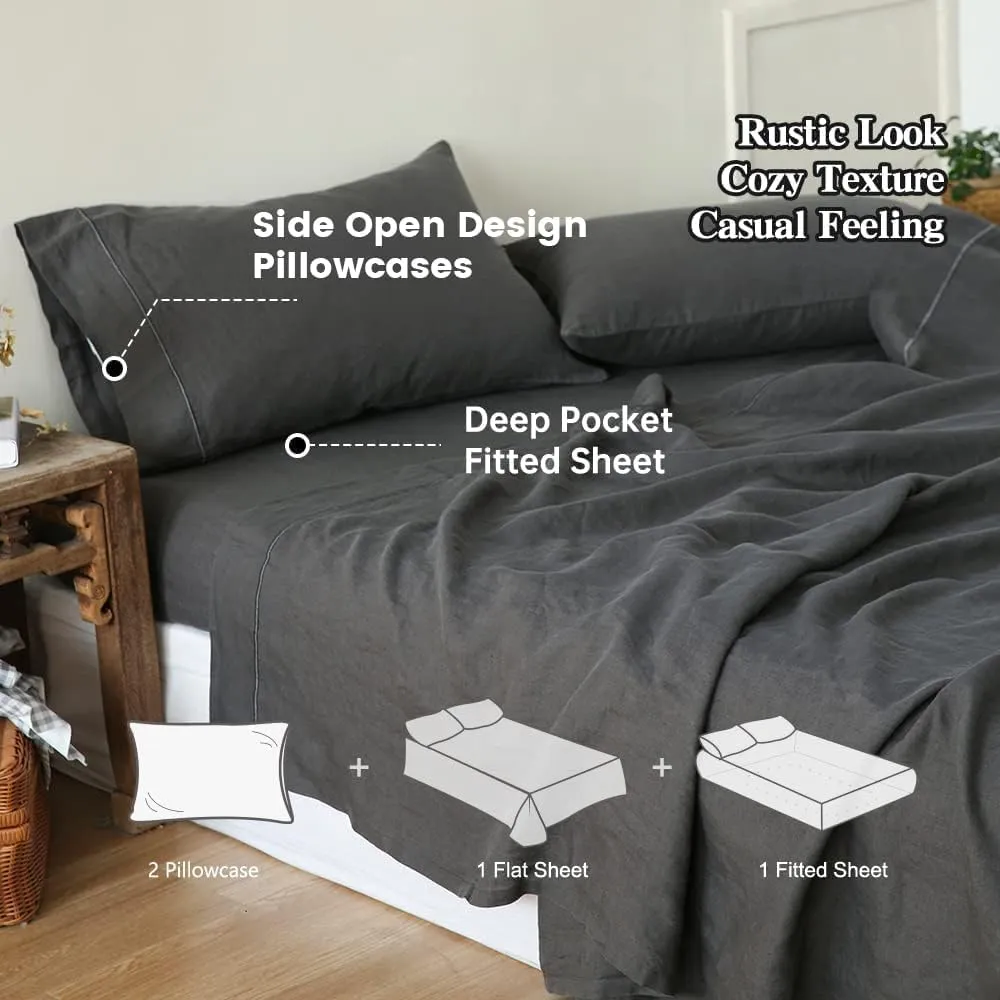 Simple&Opulence 100% Linen Sheet Set with Embroidery Washed - 4 Pieces (1 Flat Sheet & 1 Fitted Sheet & 2 Pillowcases) Natural Flax Soft Bedding Breathable Farmhouse - Dark Grey, King Size