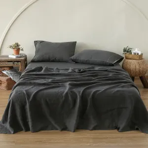 Simple&Opulence 100% Linen Sheet Set with Embroidery Washed - 4 Pieces (1 Flat Sheet & 1 Fitted Sheet & 2 Pillowcases) Natural Flax Soft Bedding Breathable Farmhouse - Dark Grey, King Size