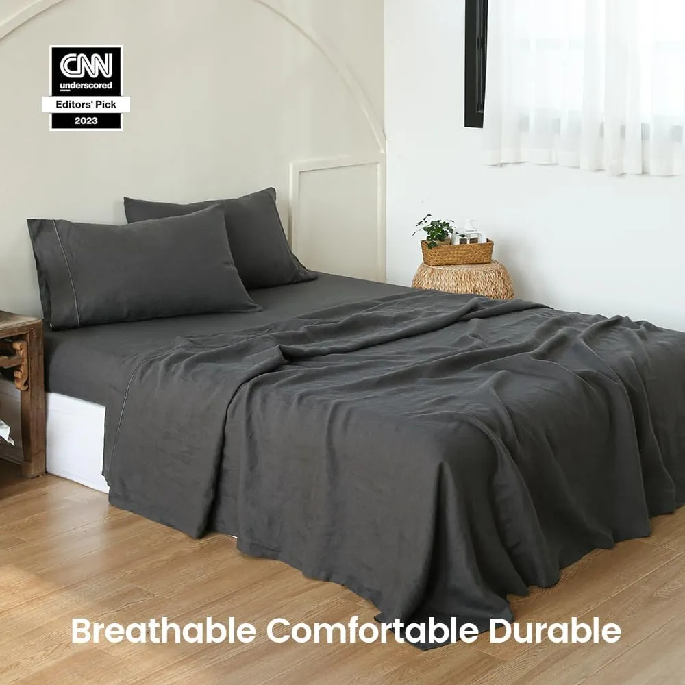 Simple&Opulence 100% Linen Sheet Set with Embroidery Washed - 4 Pieces (1 Flat Sheet & 1 Fitted Sheet & 2 Pillowcases) Natural Flax Soft Bedding Breathable Farmhouse - Dark Grey, King Size