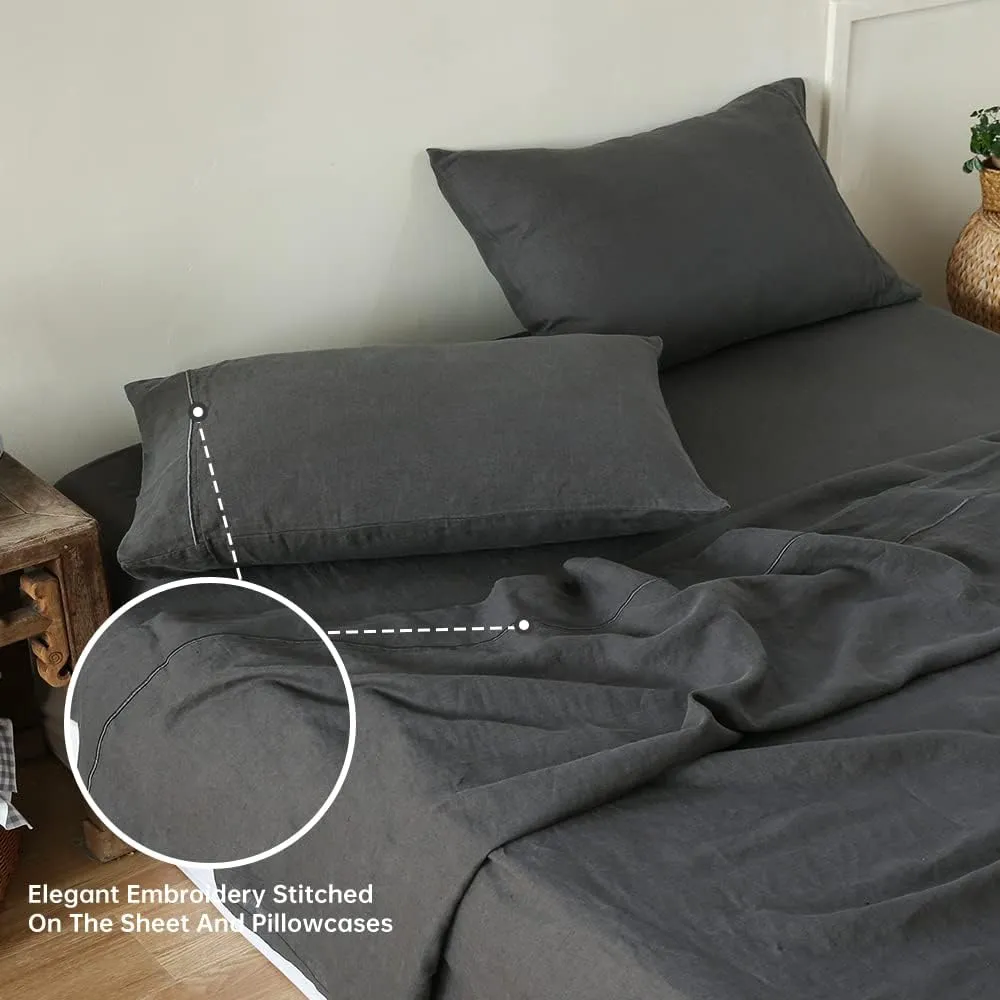 Simple&Opulence 100% Linen Sheet Set with Embroidery Washed - 4 Pieces (1 Flat Sheet & 1 Fitted Sheet & 2 Pillowcases) Natural Flax Soft Bedding Breathable Farmhouse - Dark Grey, King Size