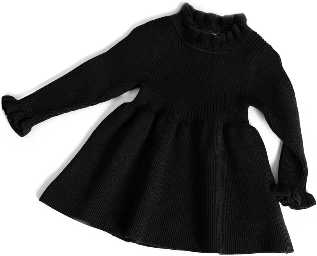 Simplee kids Little Girls' Long Sleeve Girl Dresses and Rompers Ribbed Knit Sweater Dress Black for 6M-5T