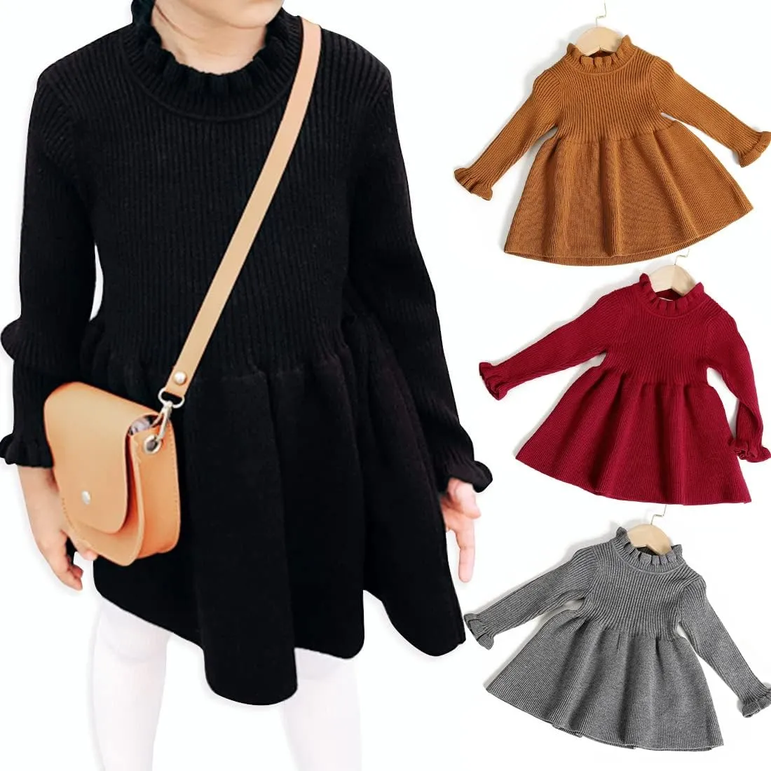 Simplee kids Little Girls' Long Sleeve Girl Dresses and Rompers Ribbed Knit Sweater Dress Black for 6M-5T