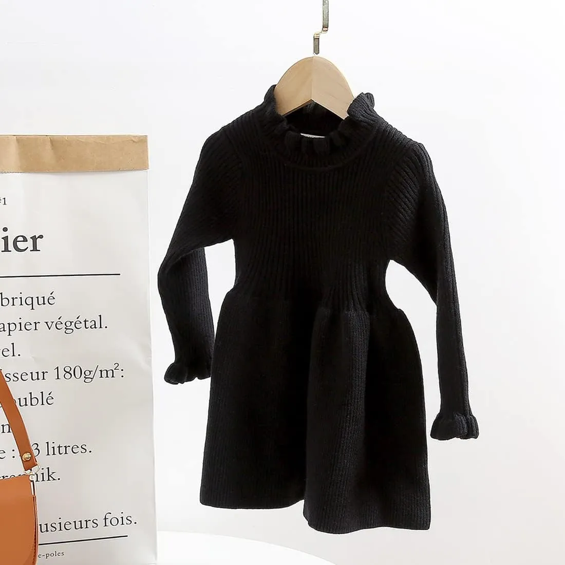Simplee kids Little Girls' Long Sleeve Girl Dresses and Rompers Ribbed Knit Sweater Dress Black for 6M-5T