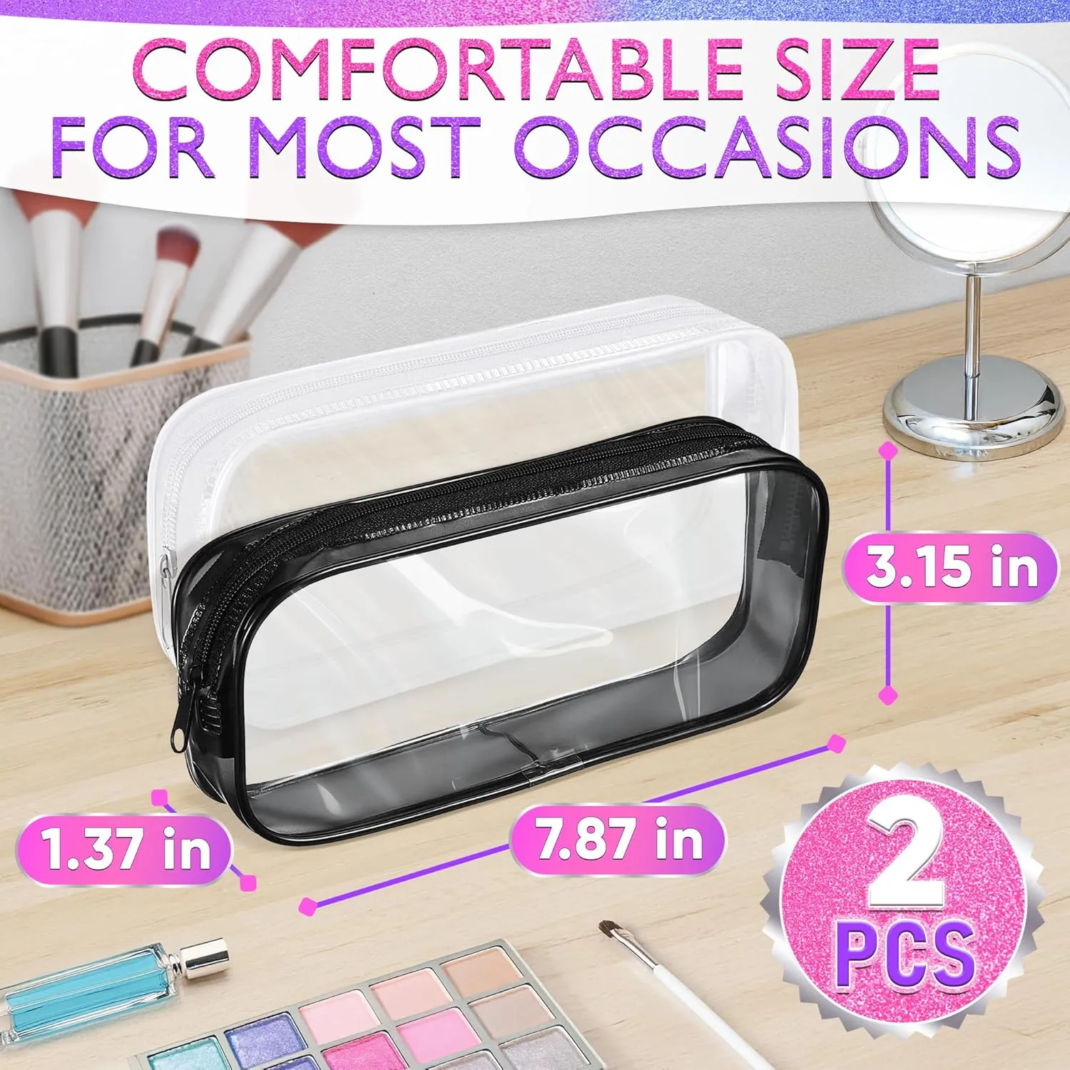 Small Makeup Bag for Purse – 2 Pcs Clear Zipper Pouches, Soft, Elastic, Waterproof Plastic Small Cosmetic Bag for Purse, Space-Efficient, Stylish Design – Great for Organizing Essentials on the Go