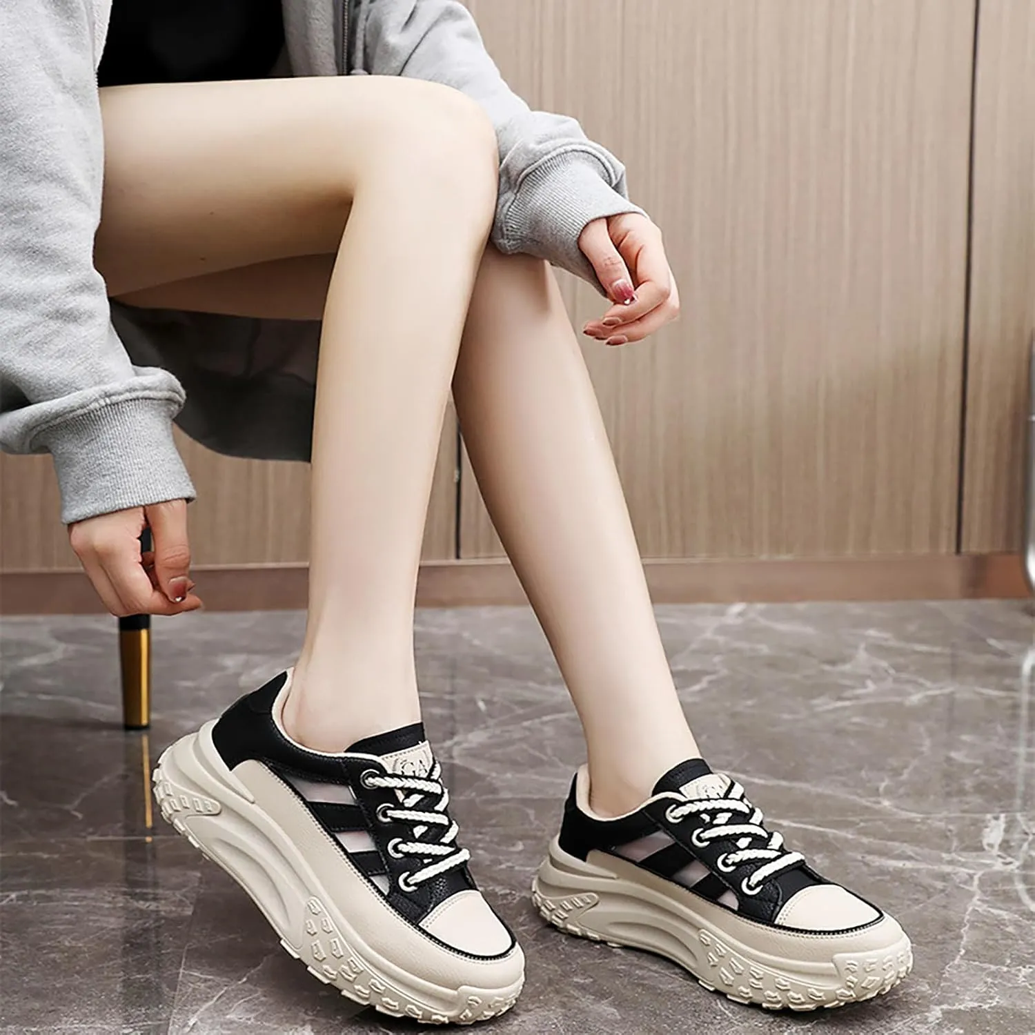 Sneakers for Women Lace Up Platform Non Slip Sports Shoes Breathable Hollow-Out Leather Running Shoes for Stylish Running Shopping