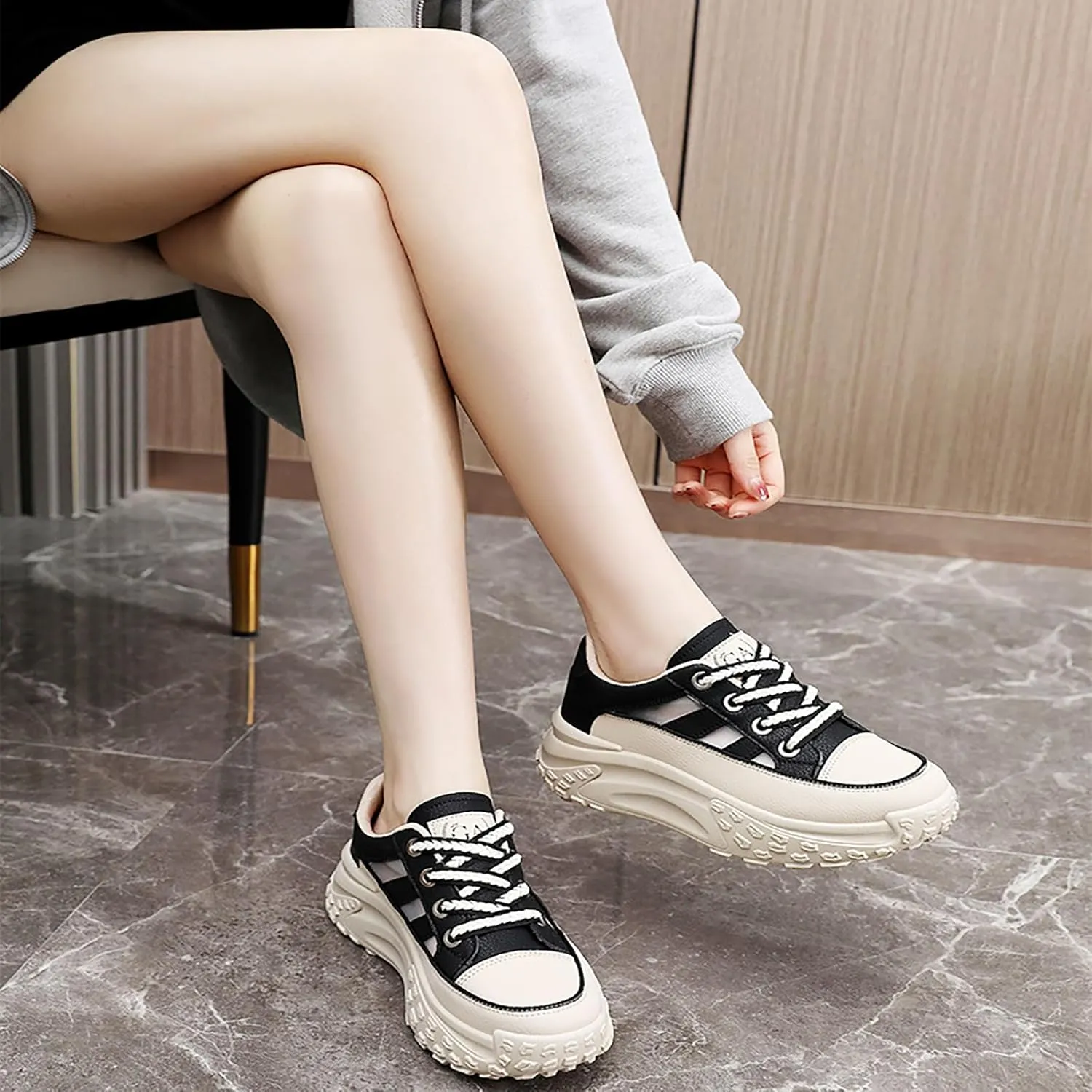 Sneakers for Women Lace Up Platform Non Slip Sports Shoes Breathable Hollow-Out Leather Running Shoes for Stylish Running Shopping
