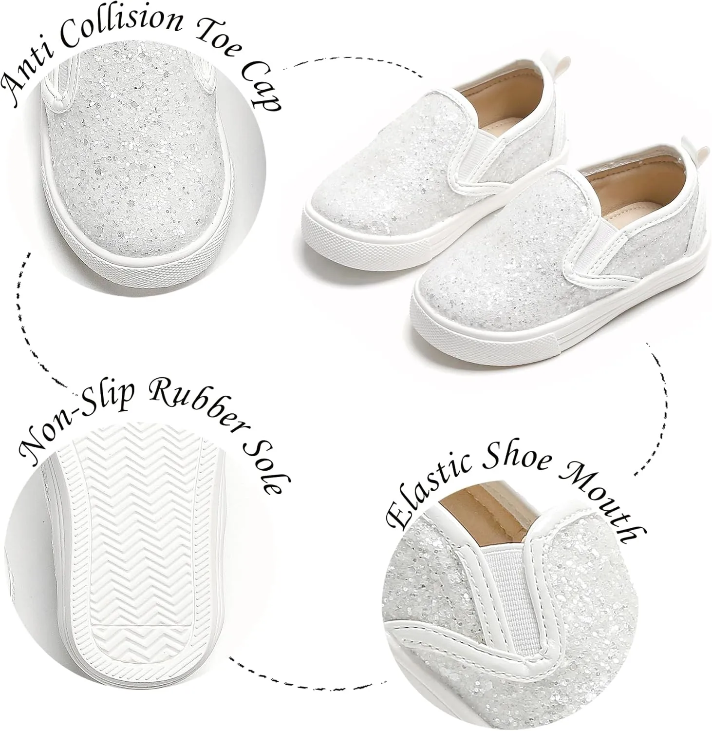 Sparkly Sneakers for Girls 3-12 Years Slip-On Comfort Fit Casual Princess Shoes