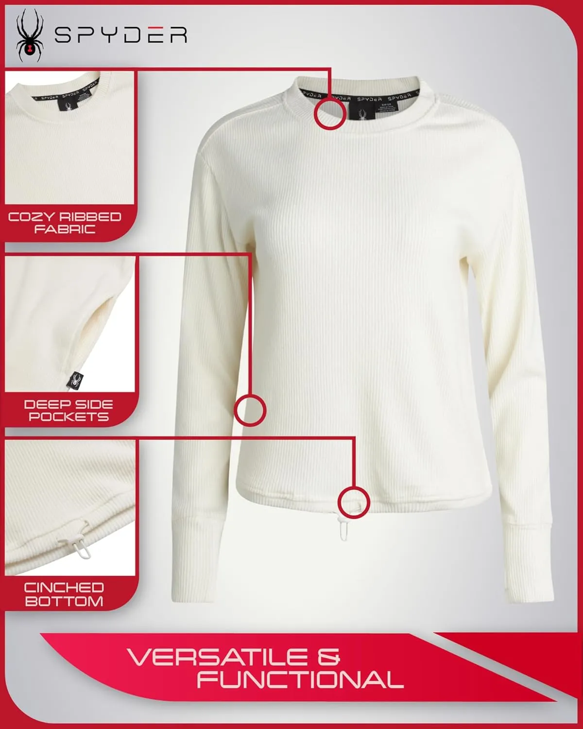 Spyder Women's Crewneck Fleece Sweatshirt - Cozy Ribbed Pullover Sweater with Adjustable Cinched Bottom and Thumbhole (S-XL)