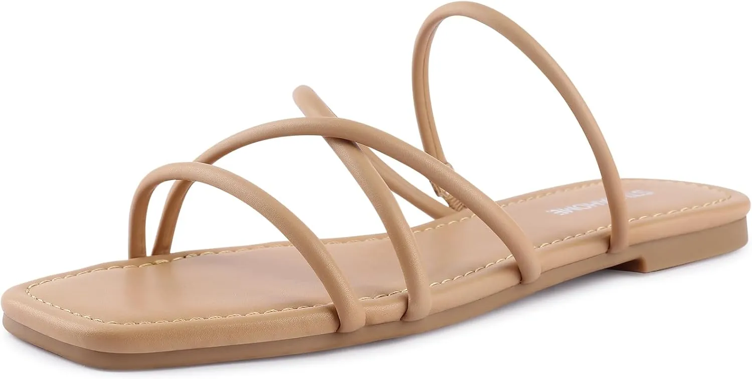 STUNAHOME Women's Rhinestone Thong Flat Sandals Open Toe Slide Sandals with Square Toe Bling Strap