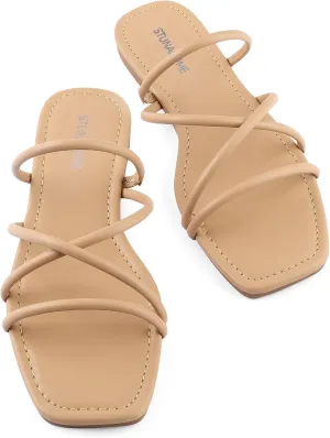 STUNAHOME Women's Rhinestone Thong Flat Sandals Open Toe Slide Sandals with Square Toe Bling Strap