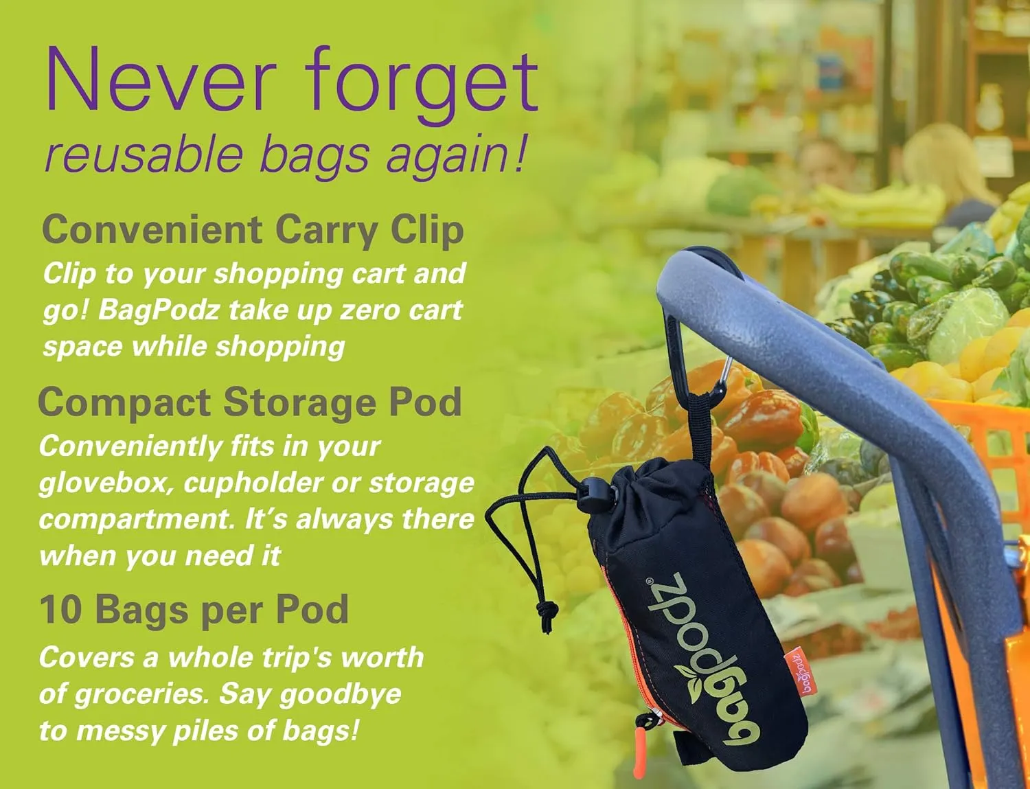 Sturdy Reusable Grocery Bags Foldable and Washable - Made From RipStop Nylon Hold 50lbs - Designed in USA Reusable Shopping Bags Inside a Compact Pod with Carry Clip - 10 Pack in Green