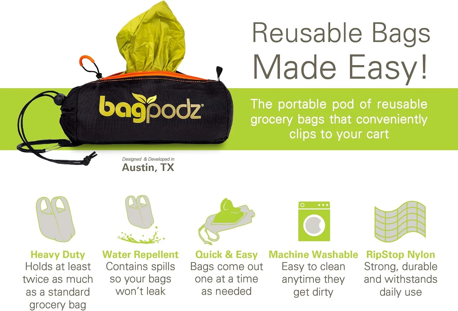 Sturdy Reusable Grocery Bags Foldable and Washable - Made From RipStop Nylon Hold 50lbs - Designed in USA Reusable Shopping Bags Inside a Compact Pod with Carry Clip - 10 Pack in Green