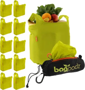 Sturdy Reusable Grocery Bags Foldable and Washable - Made From RipStop Nylon Hold 50lbs - Designed in USA Reusable Shopping Bags Inside a Compact Pod with Carry Clip - 10 Pack in Green