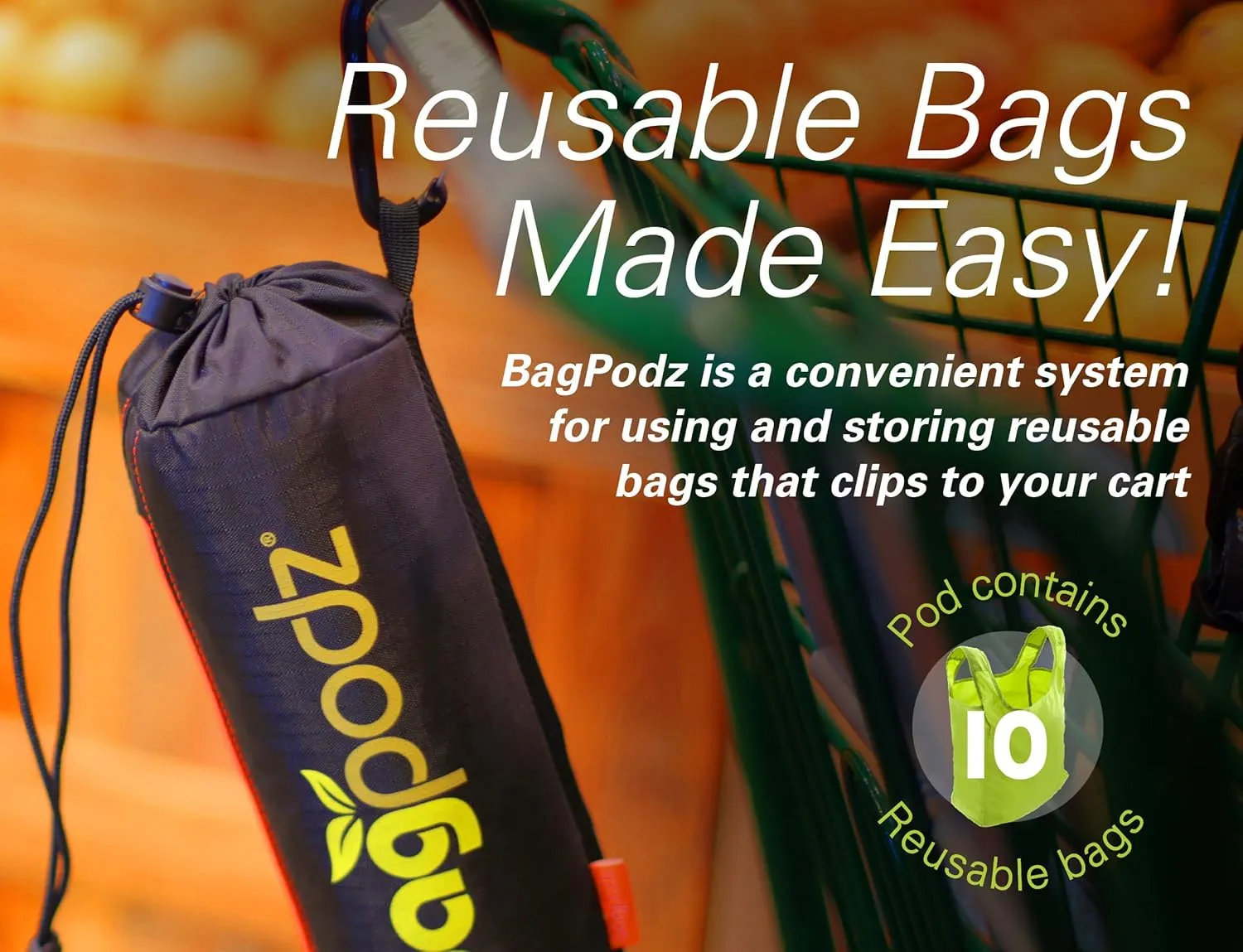 Sturdy Reusable Grocery Bags Foldable and Washable - Made From RipStop Nylon Hold 50lbs - Designed in USA Reusable Shopping Bags Inside a Compact Pod with Carry Clip - 10 Pack in Green
