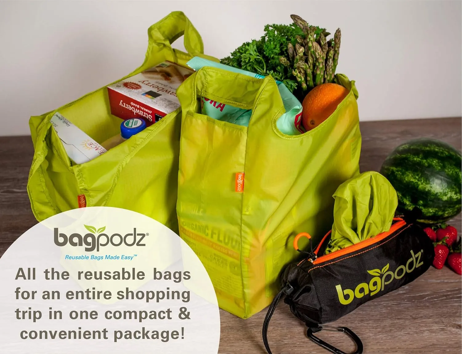 Sturdy Reusable Grocery Bags Foldable and Washable - Made From RipStop Nylon Hold 50lbs - Designed in USA Reusable Shopping Bags Inside a Compact Pod with Carry Clip - 10 Pack in Green