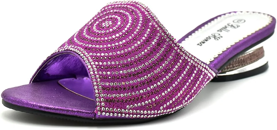 Stylish & Comfort Women Low Heel Fashion Rhinestones Glitter Bling Open Toe Slip On Sandals/Sleepers Disley