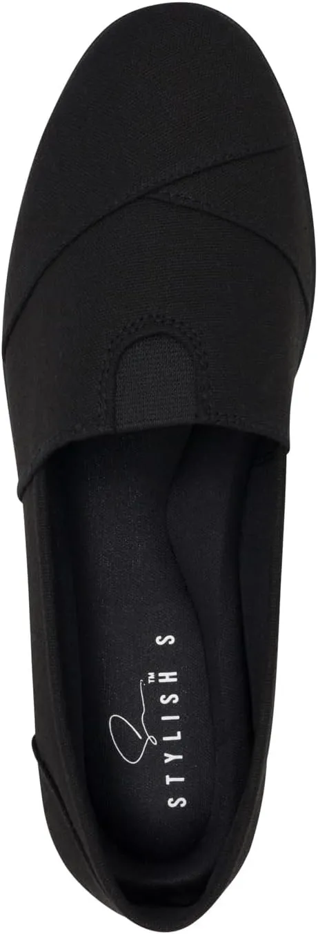 STYLISH S Comet ~ Women's Linen Seam Front Slip-On Flats Memory Foam Gel Insole (All Black Linen, 7.5)