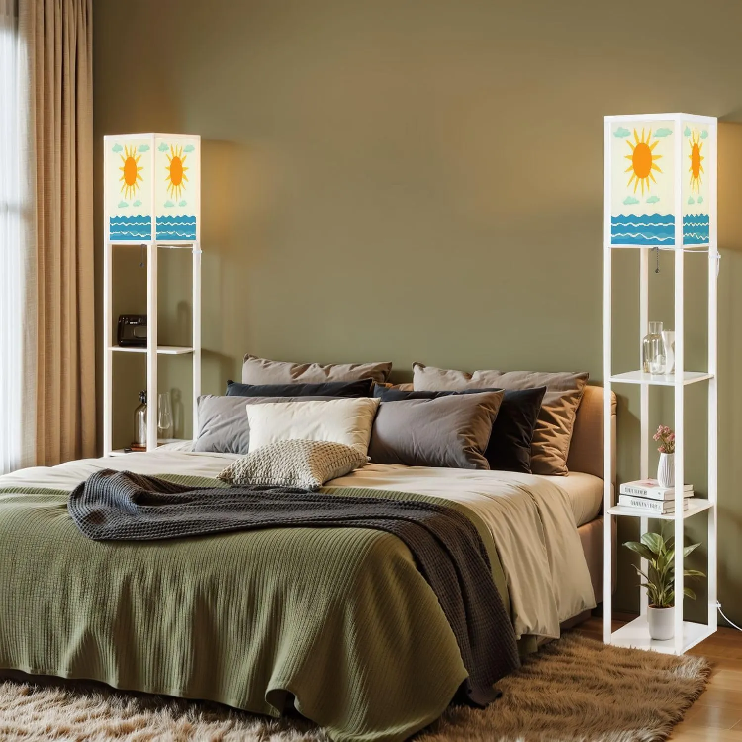 Sun Sky sea Flat Floor Lamps with Shelves, Modern Standing Lamp Narrow Corner Display Bookshelf Lamp for Living Room, Bedroom, Office Decor
