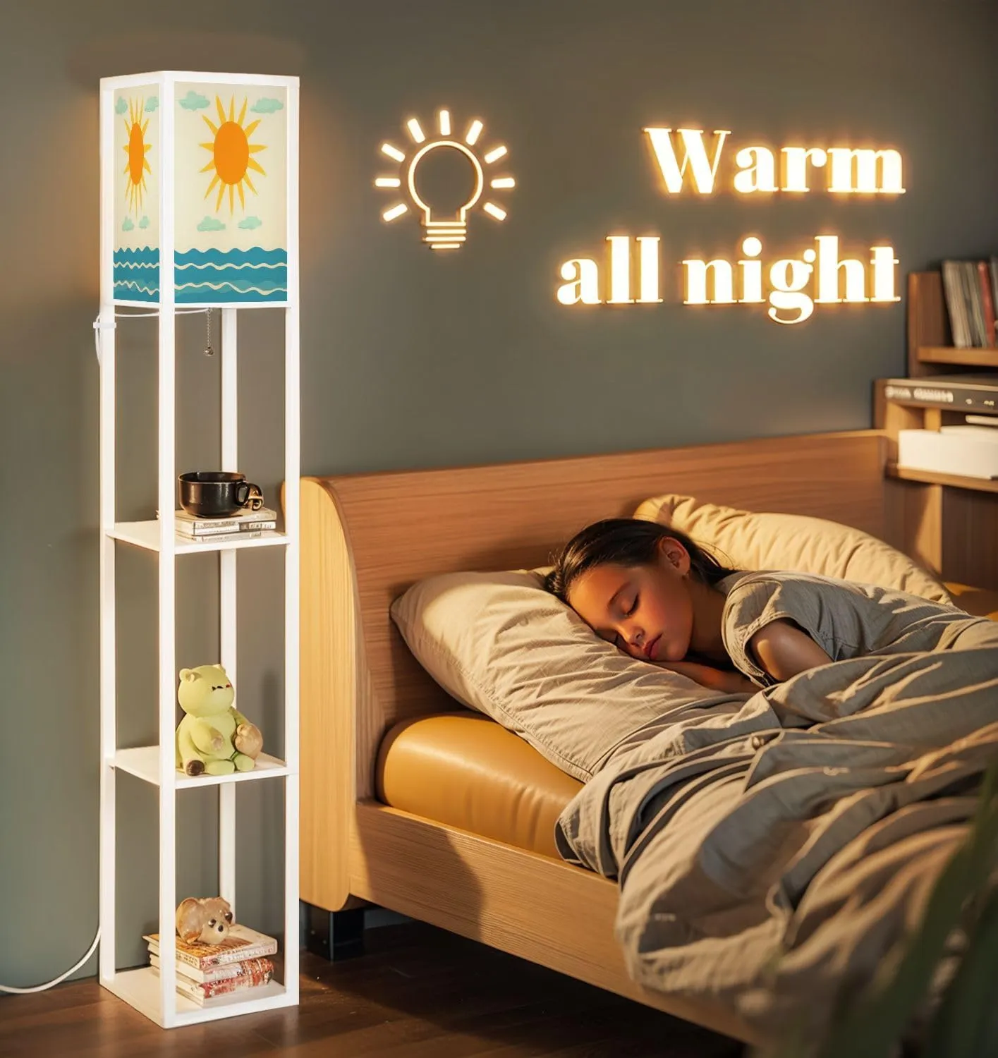 Sun Sky sea Flat Floor Lamps with Shelves, Modern Standing Lamp Narrow Corner Display Bookshelf Lamp for Living Room, Bedroom, Office Decor