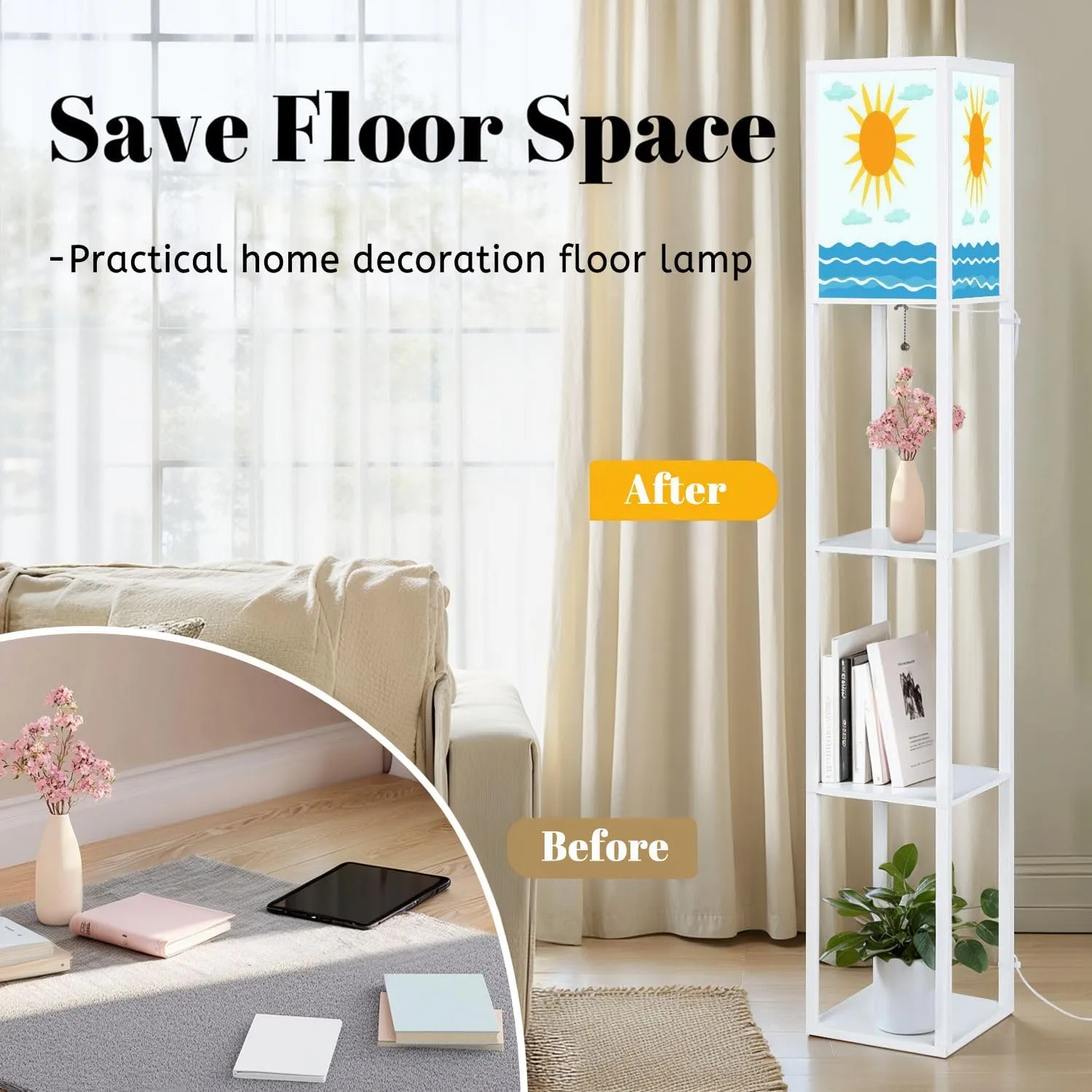 Sun Sky sea Flat Floor Lamps with Shelves, Modern Standing Lamp Narrow Corner Display Bookshelf Lamp for Living Room, Bedroom, Office Decor