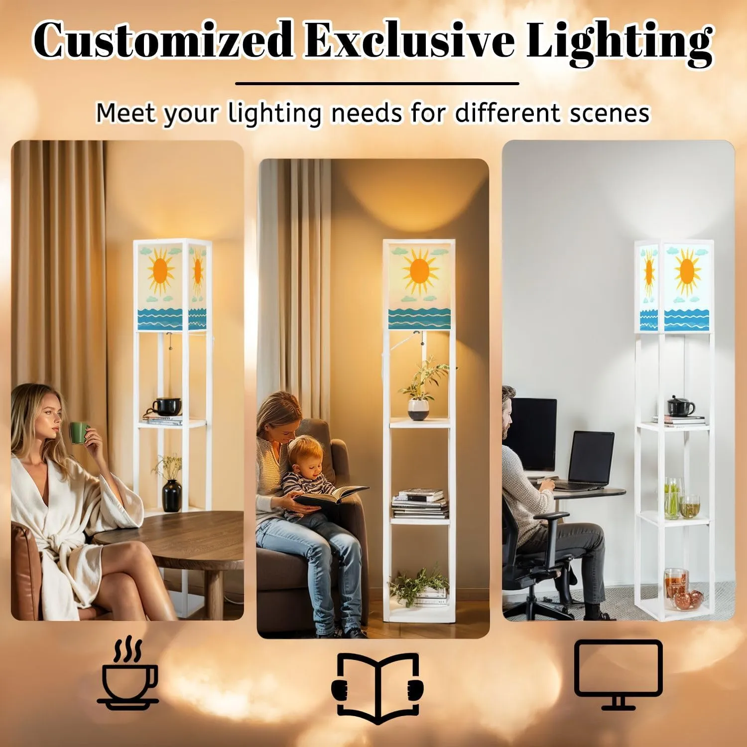 Sun Sky sea Flat Floor Lamps with Shelves, Modern Standing Lamp Narrow Corner Display Bookshelf Lamp for Living Room, Bedroom, Office Decor