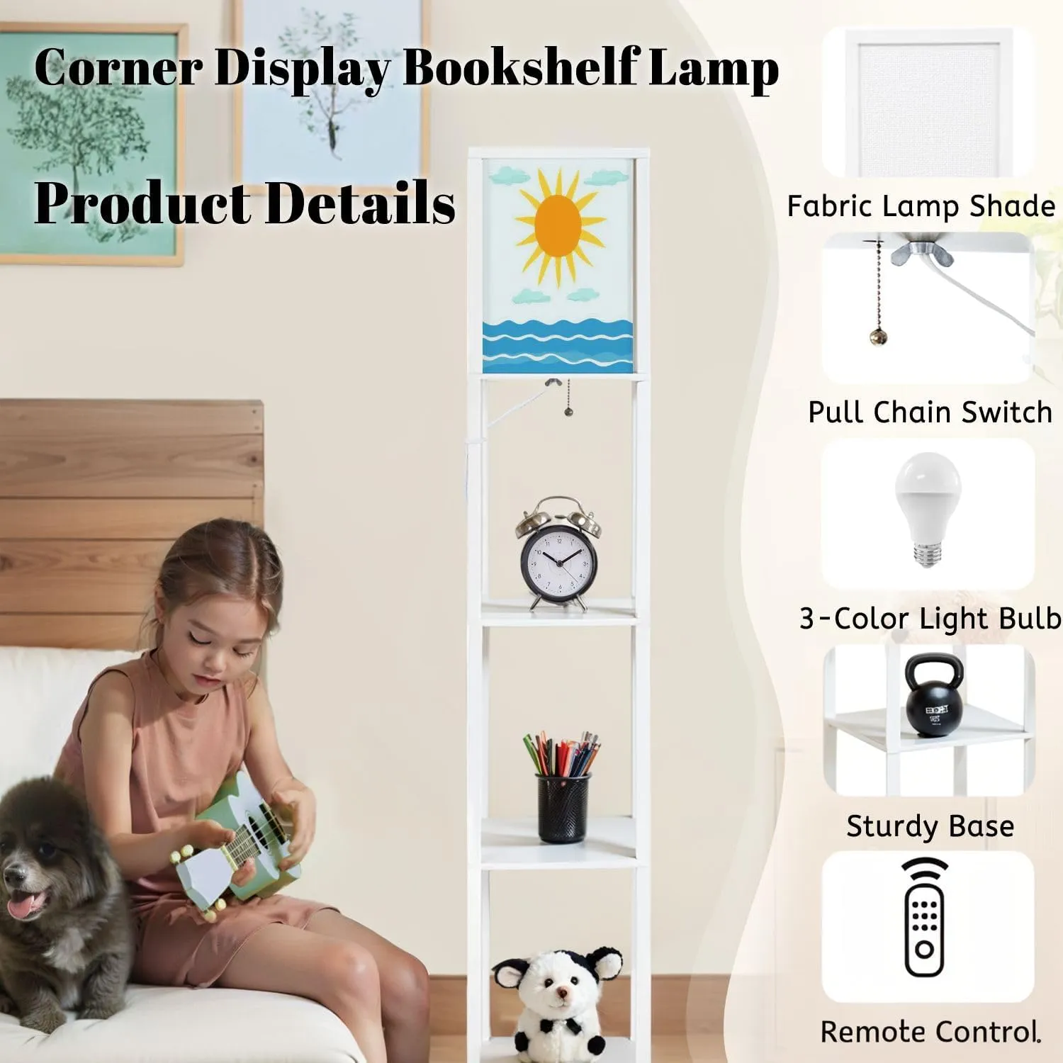 Sun Sky sea Flat Floor Lamps with Shelves, Modern Standing Lamp Narrow Corner Display Bookshelf Lamp for Living Room, Bedroom, Office Decor