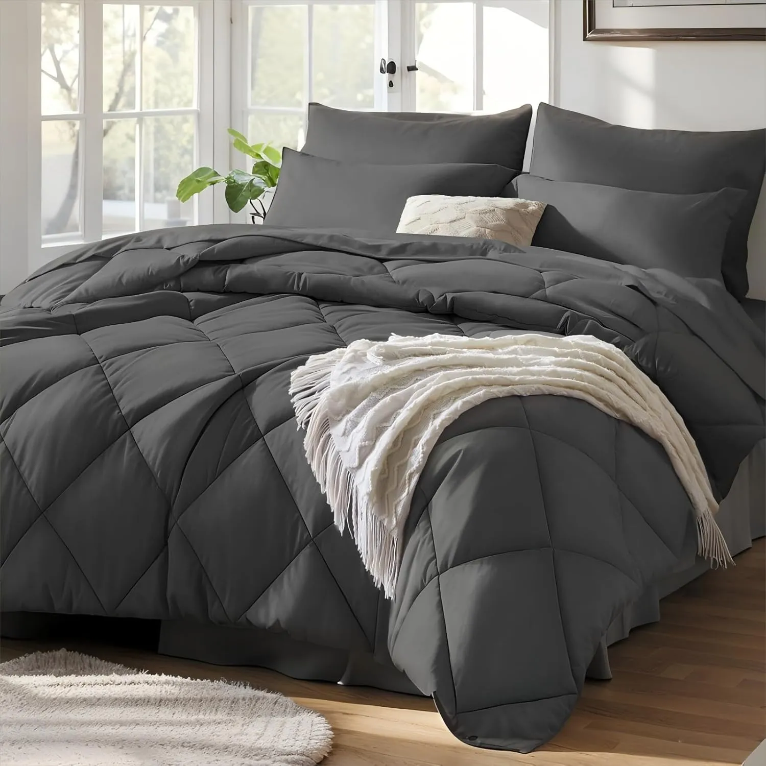 SunStyle Home Full/Queen Comforter Set Dark Grey, 7-Pieces Bed in a Bag Queen Size, All Season Bedding Sets with Comforter, Flat Sheet, Fitted Sheet Pillow Shams and Pillowcases