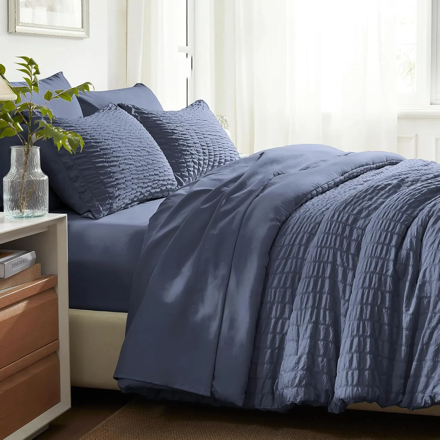 SunStyle Home King Comforter Set 7 Pieces, Grayish Blue Seersucker Bed in a Bag Lightweight Bedding Set, All Season Comforters with Flat Sheet, Fitted Sheet, Pillowcase and Pillow Sham