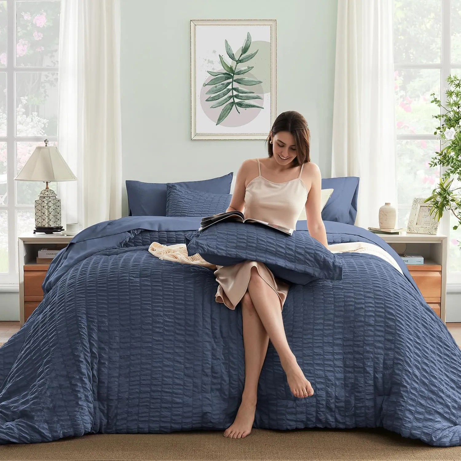 SunStyle Home King Comforter Set 7 Pieces, Grayish Blue Seersucker Bed in a Bag Lightweight Bedding Set, All Season Comforters with Flat Sheet, Fitted Sheet, Pillowcase and Pillow Sham