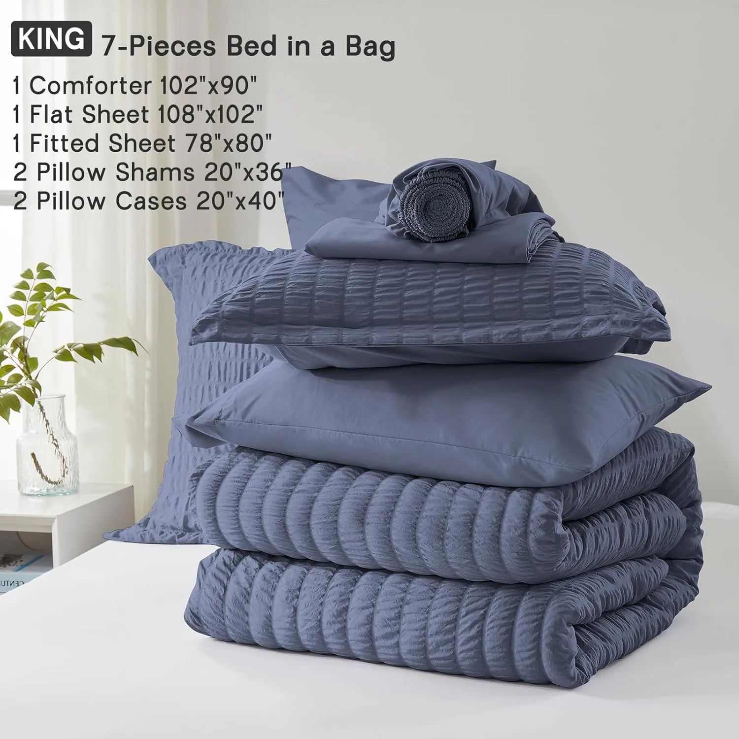 SunStyle Home King Comforter Set 7 Pieces, Grayish Blue Seersucker Bed in a Bag Lightweight Bedding Set, All Season Comforters with Flat Sheet, Fitted Sheet, Pillowcase and Pillow Sham