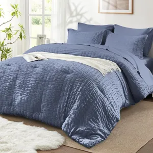 SunStyle Home King Comforter Set 7 Pieces, Grayish Blue Seersucker Bed in a Bag Lightweight Bedding Set, All Season Comforters with Flat Sheet, Fitted Sheet, Pillowcase and Pillow Sham