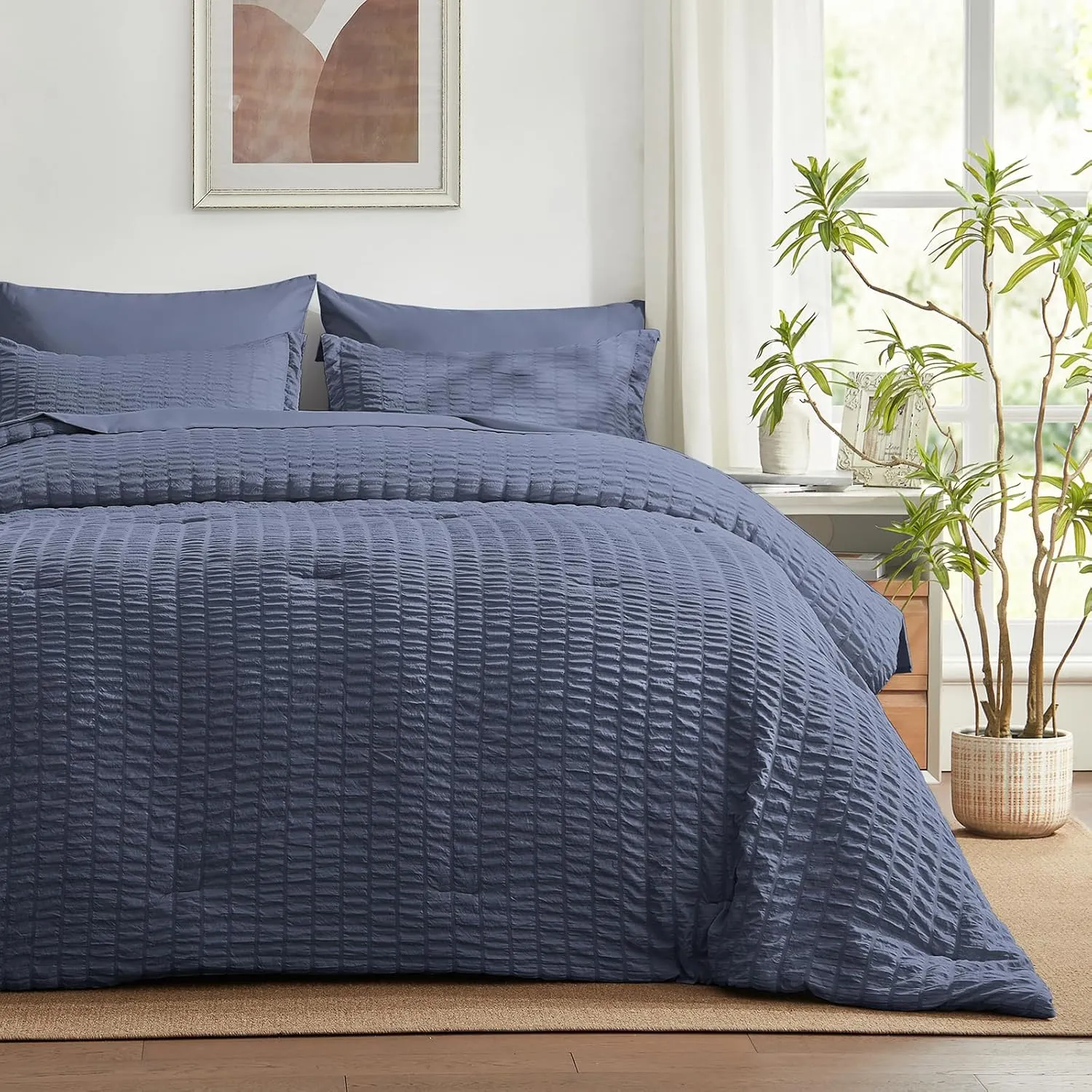 SunStyle Home King Comforter Set 7 Pieces, Grayish Blue Seersucker Bed in a Bag Lightweight Bedding Set, All Season Comforters with Flat Sheet, Fitted Sheet, Pillowcase and Pillow Sham