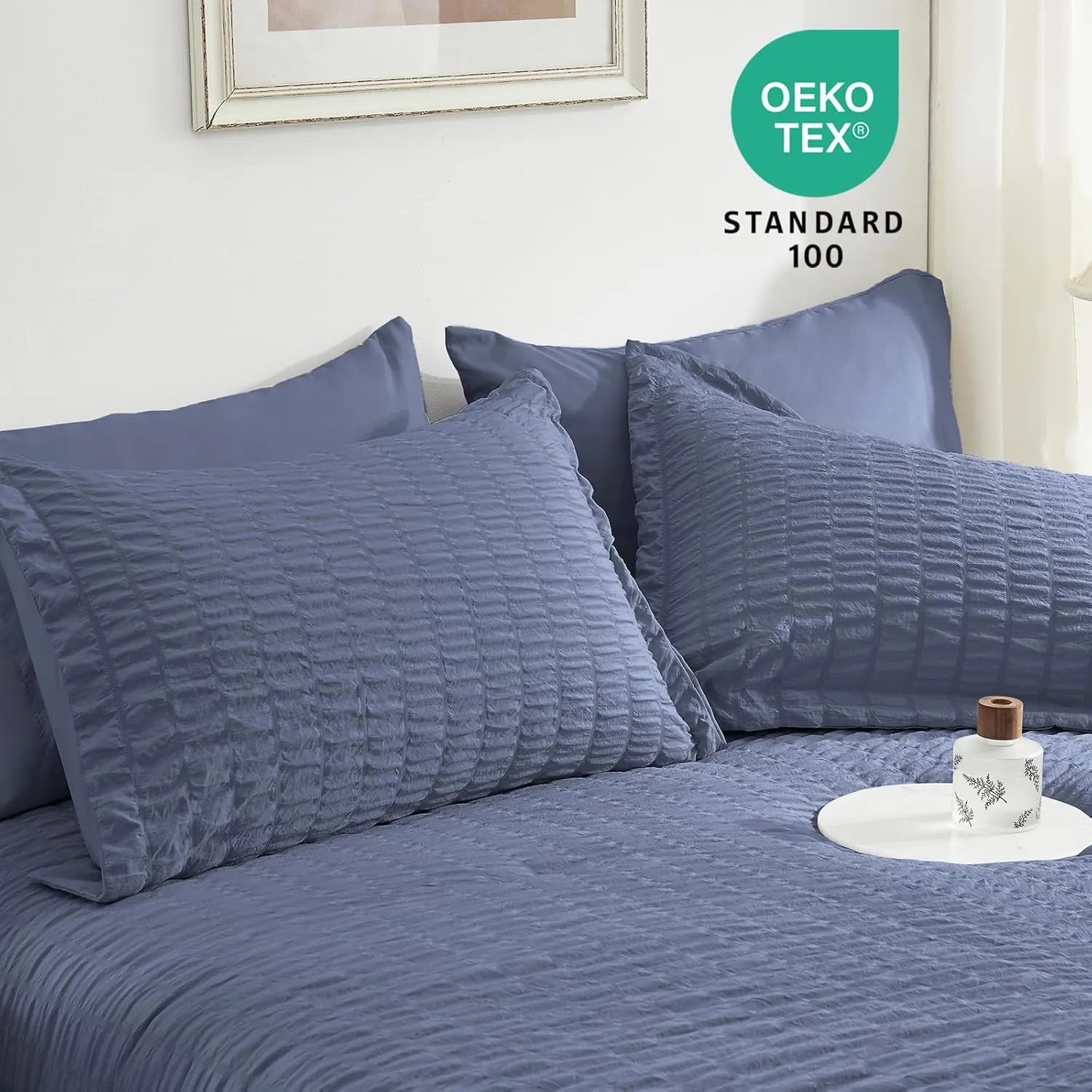 SunStyle Home King Comforter Set 7 Pieces, Grayish Blue Seersucker Bed in a Bag Lightweight Bedding Set, All Season Comforters with Flat Sheet, Fitted Sheet, Pillowcase and Pillow Sham