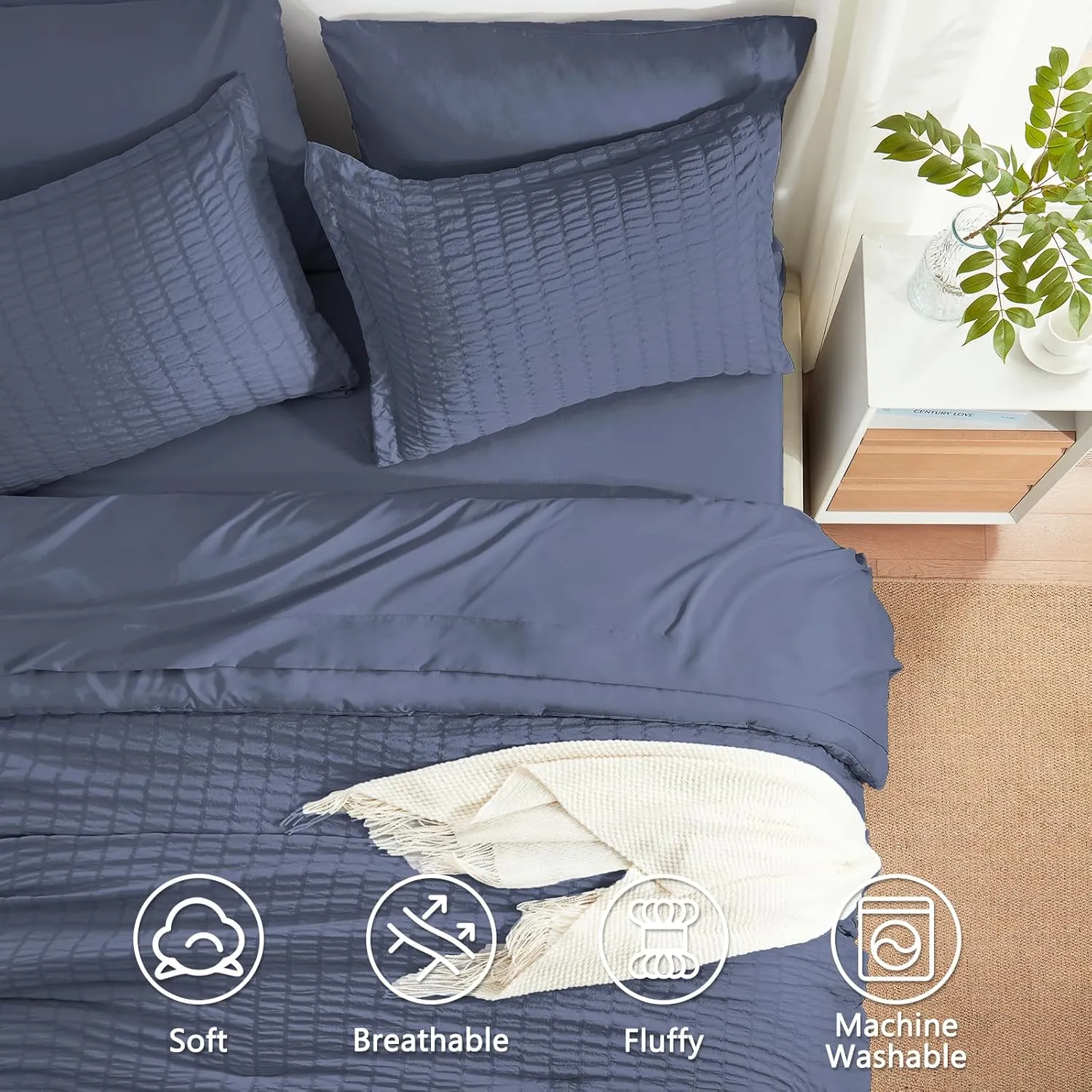 SunStyle Home King Comforter Set 7 Pieces, Grayish Blue Seersucker Bed in a Bag Lightweight Bedding Set, All Season Comforters with Flat Sheet, Fitted Sheet, Pillowcase and Pillow Sham
