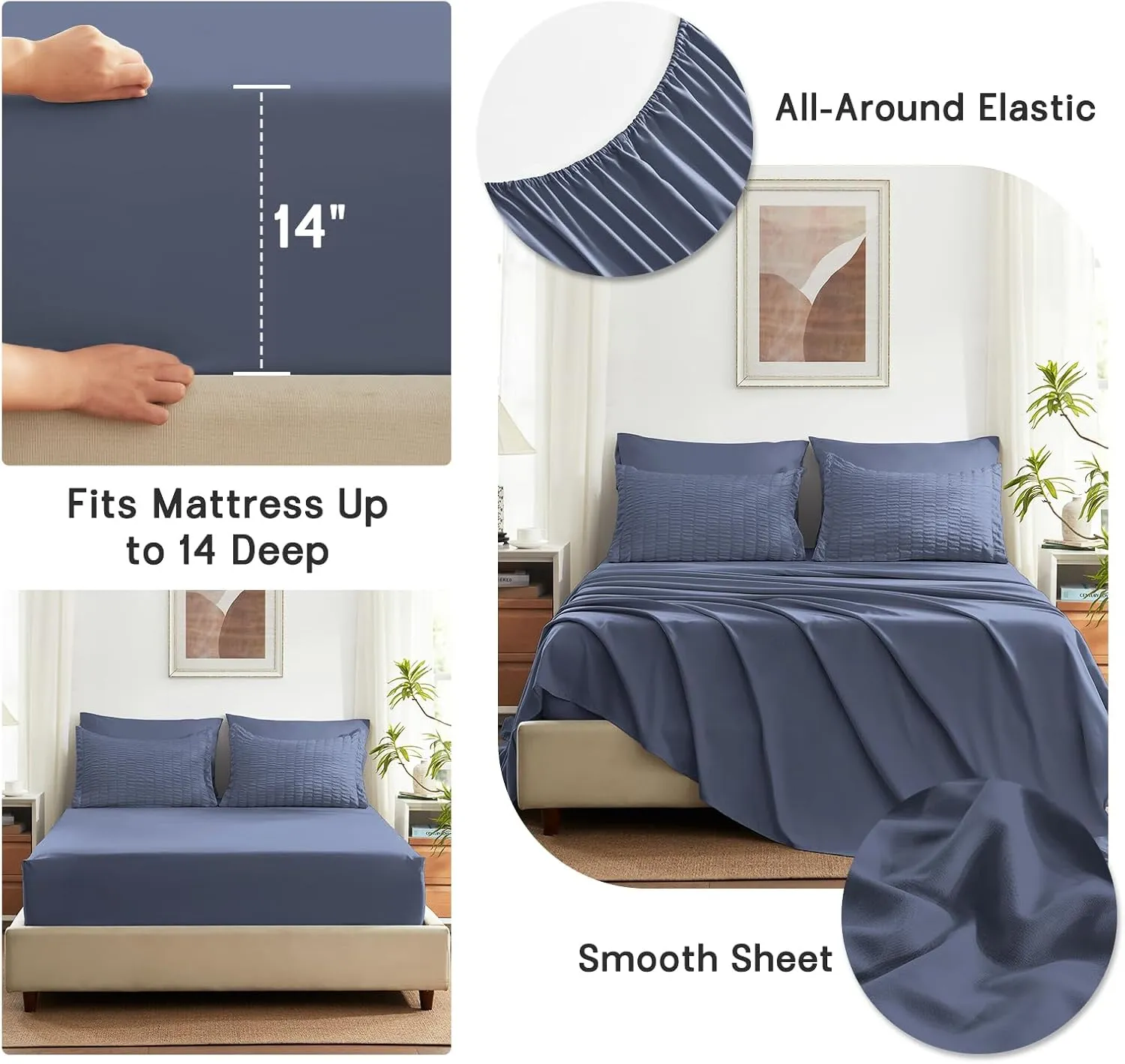 SunStyle Home King Comforter Set 7 Pieces, Grayish Blue Seersucker Bed in a Bag Lightweight Bedding Set, All Season Comforters with Flat Sheet, Fitted Sheet, Pillowcase and Pillow Sham