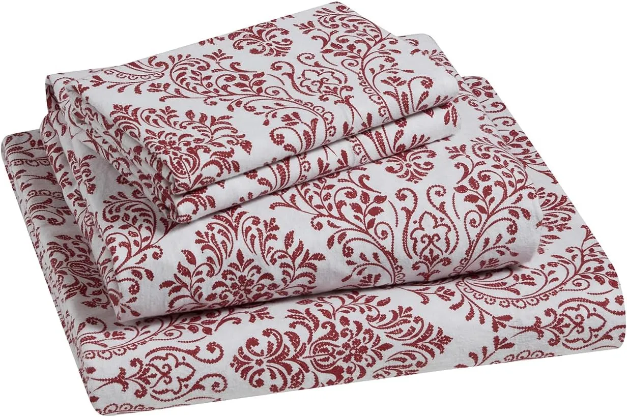 Tahari Home - Queen Sheets, 4-Piece Cotton Flannel Bedding with Matching Pillowcases, Brushed for Extra Softness, Cozy Home Decor (Damask Red, Queen)