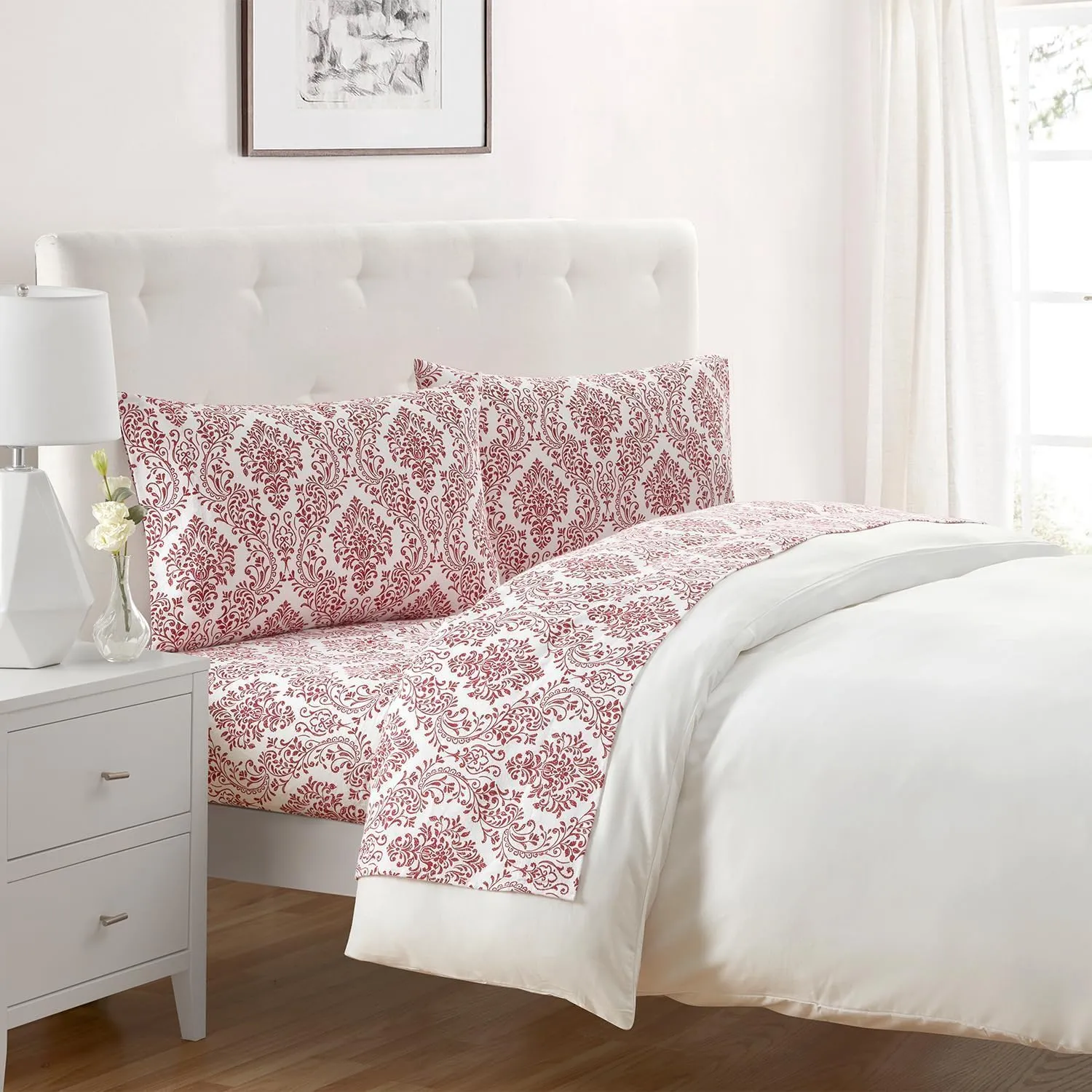 Tahari Home - Queen Sheets, 4-Piece Cotton Flannel Bedding with Matching Pillowcases, Brushed for Extra Softness, Cozy Home Decor (Damask Red, Queen)
