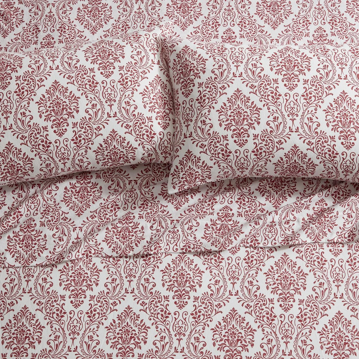 Tahari Home - Queen Sheets, 4-Piece Cotton Flannel Bedding with Matching Pillowcases, Brushed for Extra Softness, Cozy Home Decor (Damask Red, Queen)