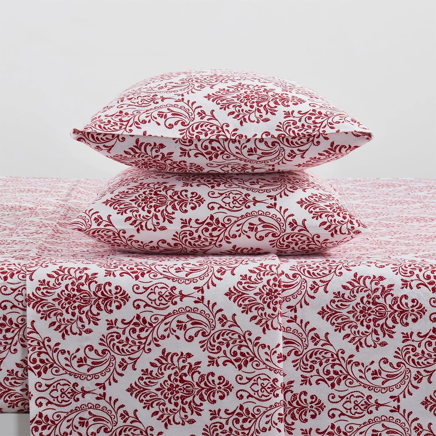 Tahari Home - Queen Sheets, 4-Piece Cotton Flannel Bedding with Matching Pillowcases, Brushed for Extra Softness, Cozy Home Decor (Damask Red, Queen)