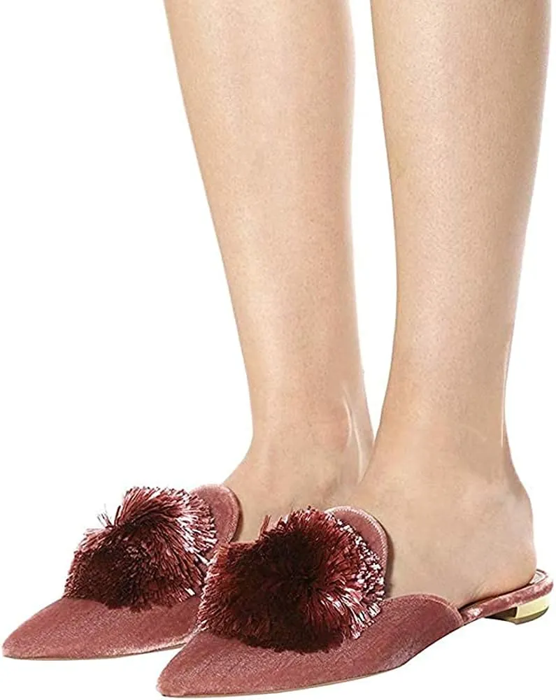 Tanaoen Mules for Women, Puff Pompom-Embellished Slip On Loafers Backless Pointed Toe Satin Mule Slides