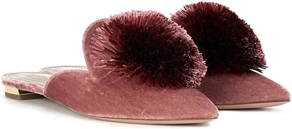 Tanaoen Mules for Women, Puff Pompom-Embellished Slip On Loafers Backless Pointed Toe Satin Mule Slides