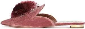 Tanaoen Mules for Women, Puff Pompom-Embellished Slip On Loafers Backless Pointed Toe Satin Mule Slides