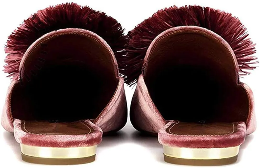 Tanaoen Mules for Women, Puff Pompom-Embellished Slip On Loafers Backless Pointed Toe Satin Mule Slides