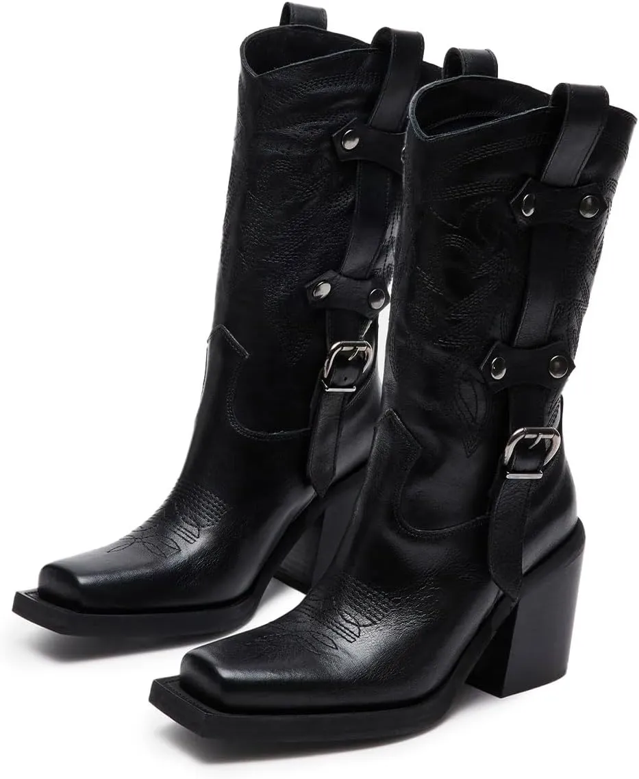 Tang'scuisins Women Stylish Closed Square Toe Slip on Mid Calf Riding Boots Buckle Mid Chunky Block Heels Winter Waterproof Shoes Size 4-16 US