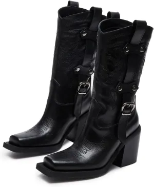 Tang'scuisins Women Stylish Closed Square Toe Slip on Mid Calf Riding Boots Buckle Mid Chunky Block Heels Winter Waterproof Shoes Size 4-16 US