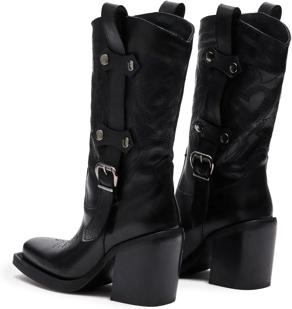 Tang'scuisins Women Stylish Closed Square Toe Slip on Mid Calf Riding Boots Buckle Mid Chunky Block Heels Winter Waterproof Shoes Size 4-16 US