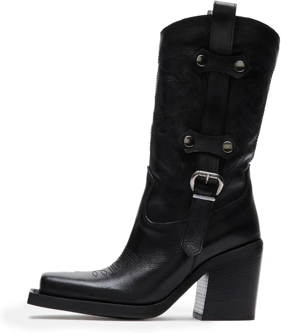 Tang'scuisins Women Stylish Closed Square Toe Slip on Mid Calf Riding Boots Buckle Mid Chunky Block Heels Winter Waterproof Shoes Size 4-16 US